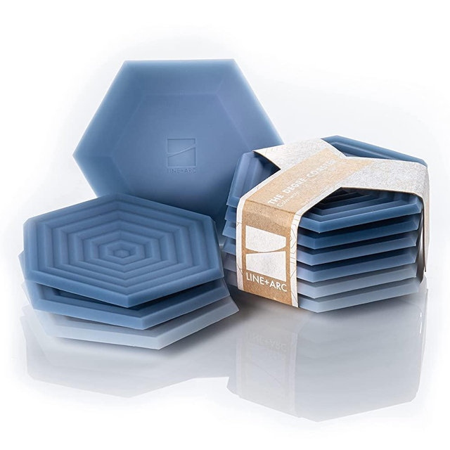 Set of 6 Degrē Coasters (Indigo Wash) by LINE+ARC. 10mm Thick, Dishwasher Safe, Stain-Resistant, Outdoor, Coffee Table, Silicone, Modern, Hexagon, Mid Century, Cup, Drink, Non-Absorbent, Housewarming