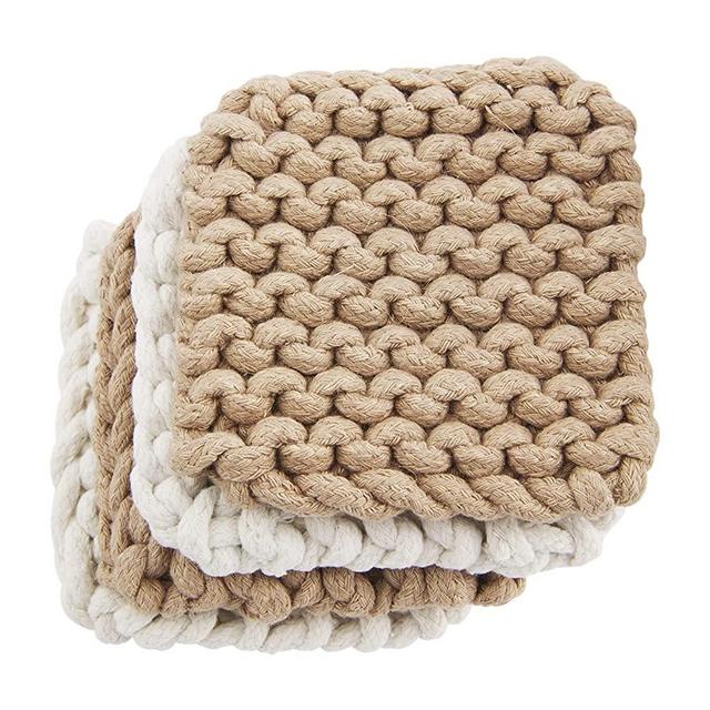Mud Pie Crochet Coaster Set, Taupe, White, 4" x 4"