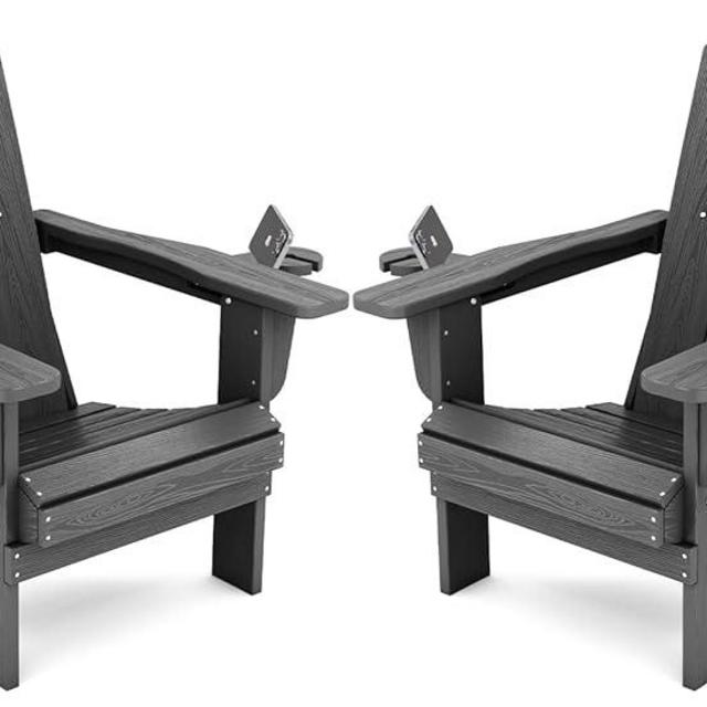 SERWALL Foldable Adirondack Chair Set of 2, HDPE Adirondack Chair with Wood-Texture-Gray