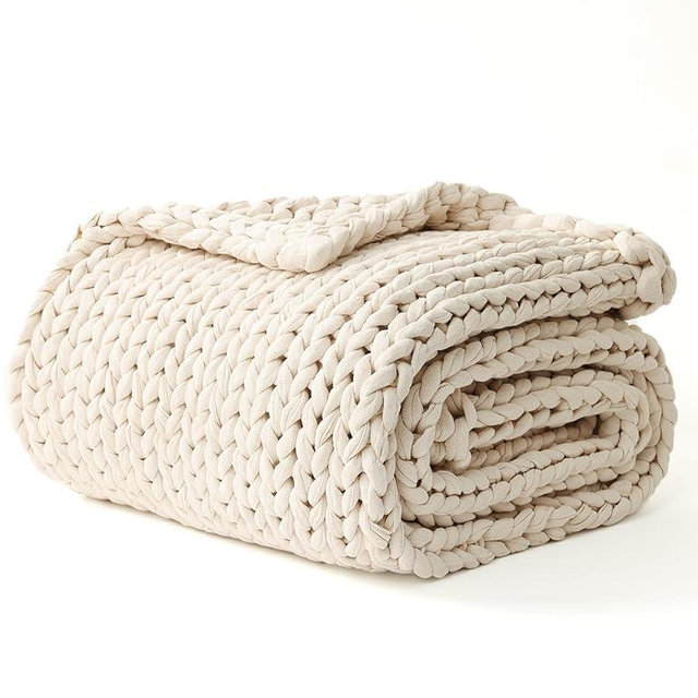 YnM Cotton Weighted Blanket, Handmade Chunky Knitted Design, Soft and Cozy, Temperature Regulating and Breathable, Machine Washable Throw for Sleep or Home Decor (Cream White, 43x50 Inch, 10lbs)