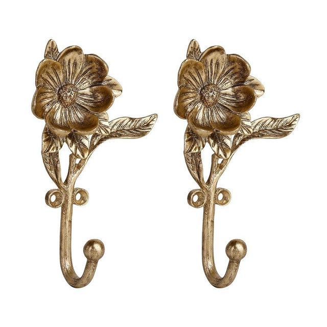 SOFFEE DESIGN 2PCS Golden Flower Metal Hooks, Heavy Duty Coat Hanger for Entryway Bathroom Living Room, Vintage Style Robe Hook