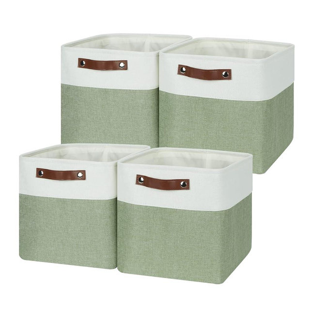 Temary Fabric Storage Bins for Organizing Clothes, Closet Baskets with Handles - Decorative Storage Boxes for Home (White & Green, 12 Inch, 4 Pack)