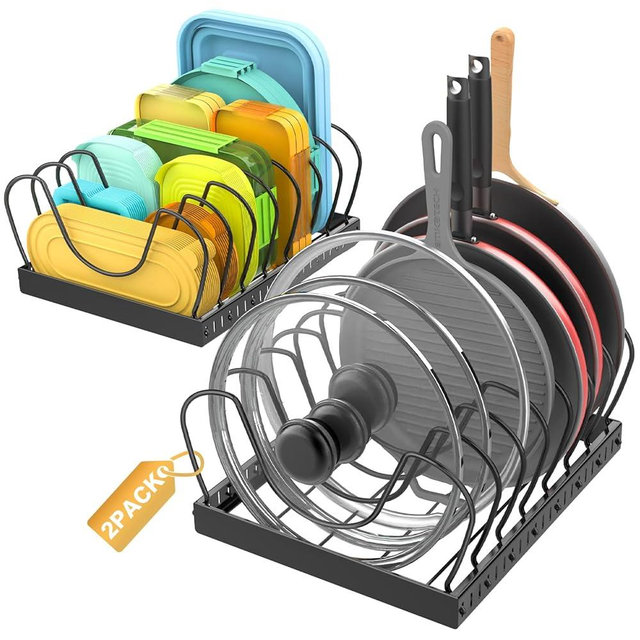 2PACK Large Pot Lid Organizers Inside Cabinet, Pots and Pans Organizer Under Cabinet with 16 Adjustable Dividers for Kitchen, Countertop Pan Lid Holder, Rust-Resistant Lid Storage, Easy to Clean