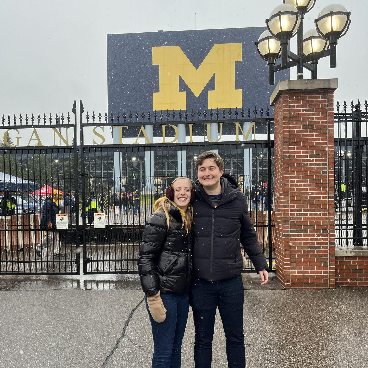 Snowy game day in Ann Arbor cheering on Matt's Wolverines (November 2022)