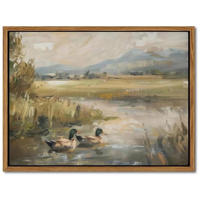 Floating Framed Canvas Wall Art, Vintage Mallard Duck Oil Paintings Print, Countryside Art Wildlife Nature Pond Wall Decor for Living Room, Bedroom, Office, Rustic Decor 16x24 inch