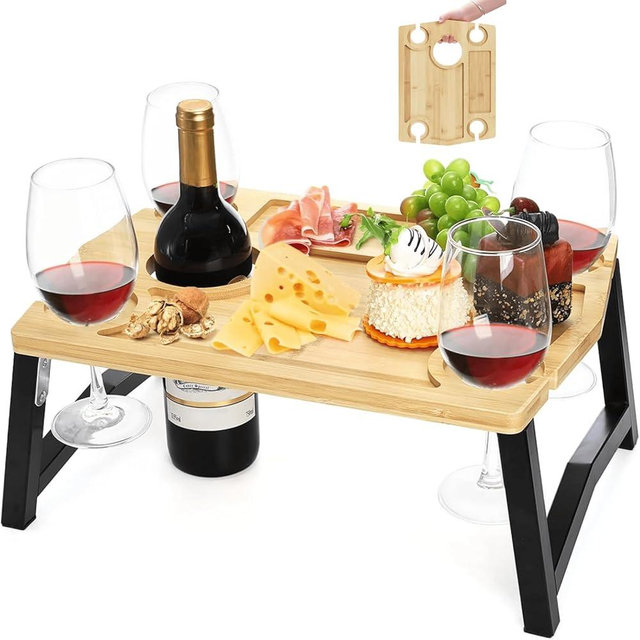 Youeon Portable Wine Picnic Table with Glass Holder, Foldable Durable Picnic Charcuterie Board, Small Wine Table Snack & Cheese Tray for Picnic, Beach, Camp, Park, Wine Lover Gift