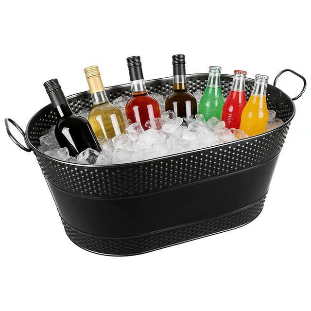 1 Pack 4 Gallon Galvanized Ice Bucket, Large Galvanized Beverage Tub Ice Bucket for Parties, Thick Metal Beverage Buckets with Handles, Oval Drink Buckets for Parties Indoor or Outdoor (Black)