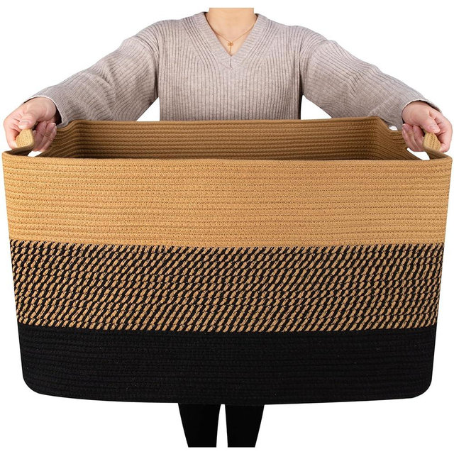 MINTWOOD Design 22in Extra Large Blanket Basket Holder Living Room, Towel Shoe Basket, Laundry Basket, Rectangle Rope Woven Storage Baskets with Handles, Dog Toy Basket Organizer Bin Box, Black Jute
