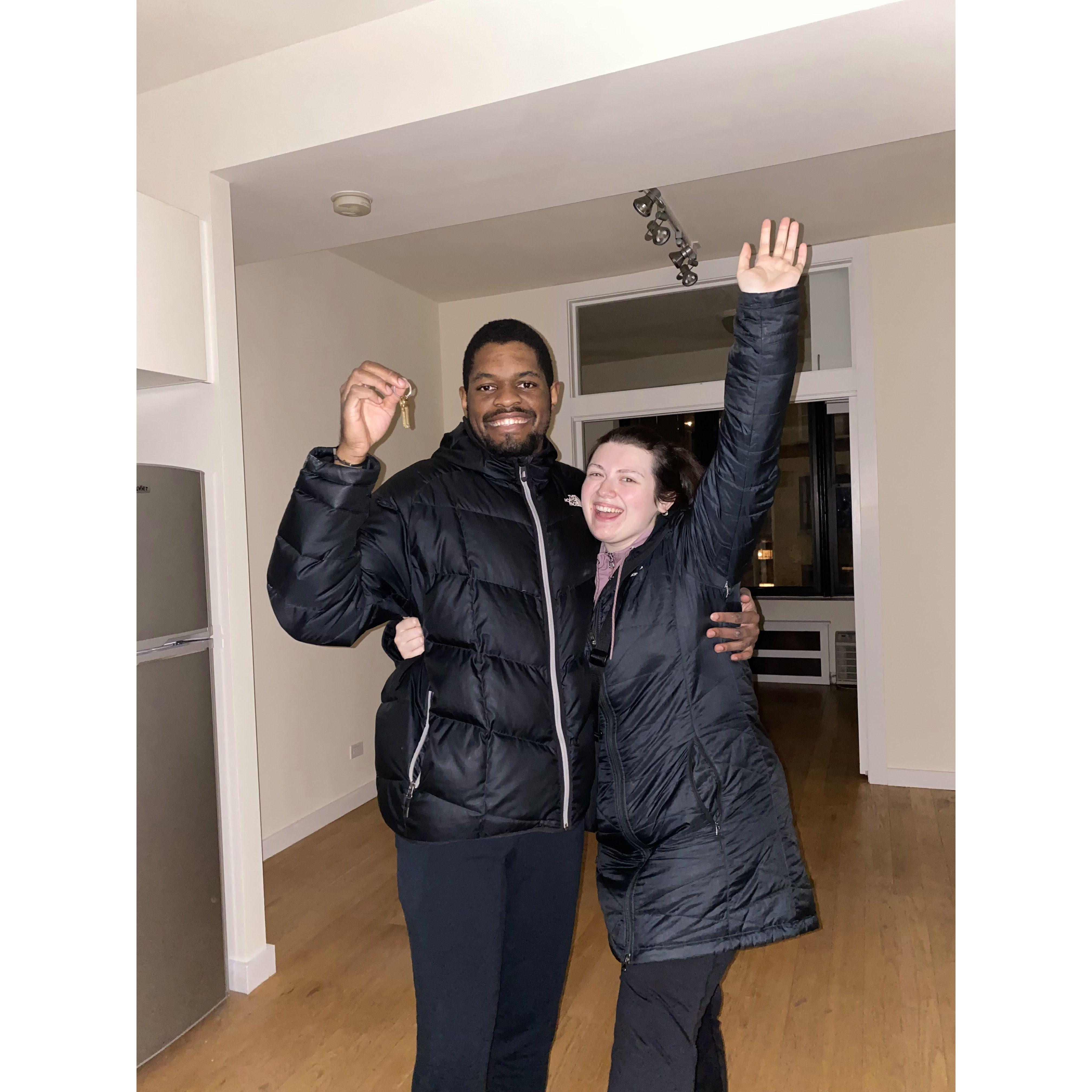 Picking up the keys to our first apartment!