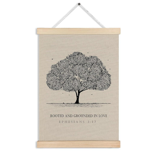 MKIJUHB Rooted in Love Christian Wall Art Decor, Religious Bible Verse Wall Hanging Decor, Ephesians 3:17 Scripture Framed Canvas Prints for Home Living Room Church Walls Decorations, 12x16 Inch