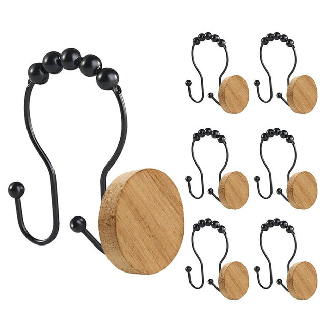 Double Shower Curtain Hooks, Wood Decorative Shower Curtain Rings, 12 PCS Log Curtain Rings, Rustproof & Waterproof Metal Shower Curtain Hangers for Shower Curtain Rod, Bathroom, Bedroom (Black)