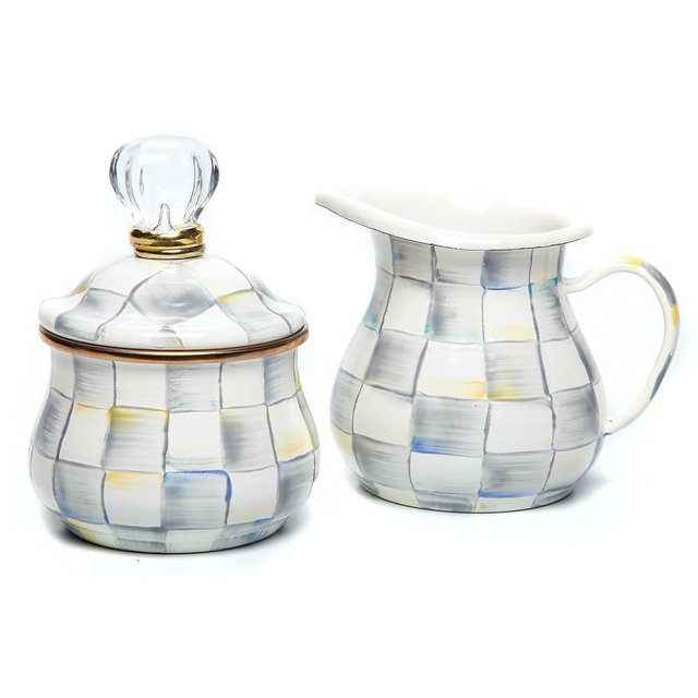 MACKENZIE-CHILDS Sterling Check Enamel Creamer and Sugar-Bowl Set, Cream Dispenser and Sugar Holder, Unique Kitchen Decor