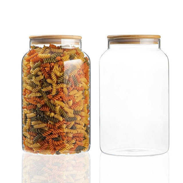 Large 1 Gallon Glass Large Jar with Airtight Bamboo Lid - High Borosilicate Canister for Kitchen Food Storage Organizing, Terrarium, Pantry Decorative Container & Laundry Room - Pack of 2