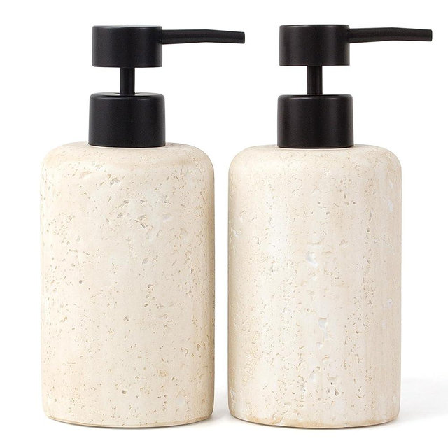 YMXYJM 2pcs/Set Hand Soap Dispenser Sets - 10.8oz Refillable Resin Liquid Soap Dispensers with Rust-Proof Pump for Bathroom Countertop or Kitchen, Faux Travertine