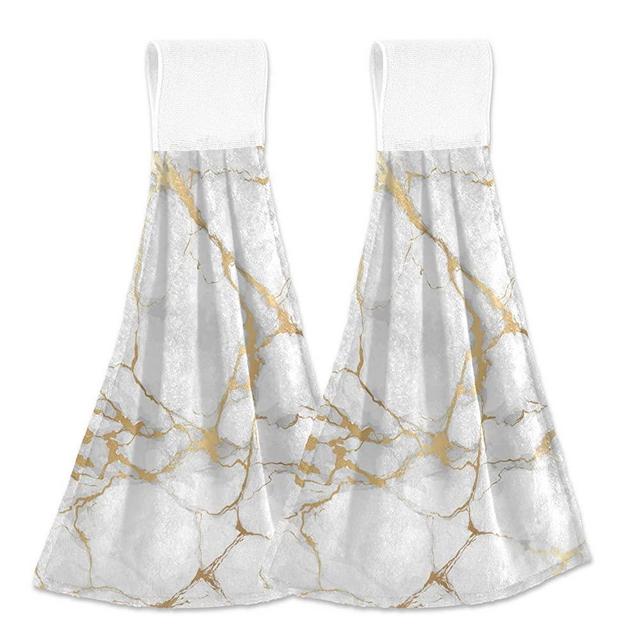 Selerdon Kitchen Hand Towel White Marble Gold Hanging Tie Towels 2 Pieces Fast Dry Absorbent Soft Touch Hanging Kitchen Towels Used for Home Kitchen Bathroom Decoration