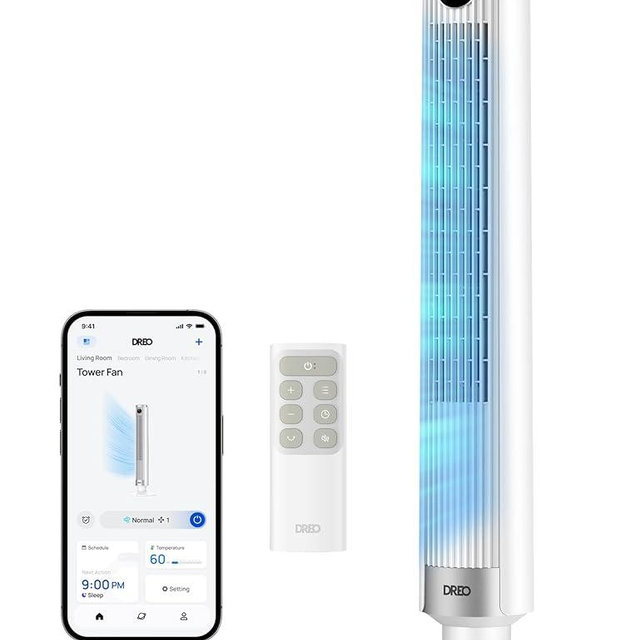 DREO Smart Tower Fan for Bedroom, 40”-45” Adjustable Height, 28 ft/s Velocity, DC Motor, 9 Speeds, 4 Modes, 90°Oscillating, Standing Fan, 20dB Quiet, 12H Timer for Home, Office, Google/Alexa, White