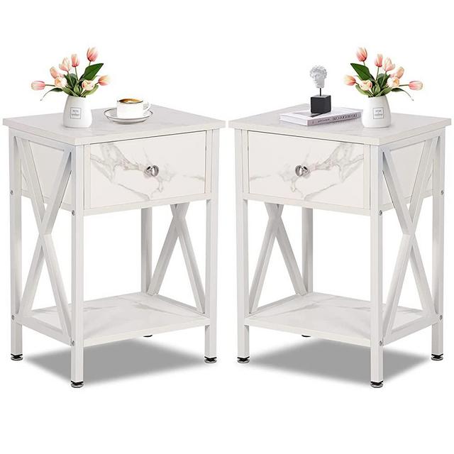 VECELO Modern Night Stand Drawer Versatile Nightstands End Storage Shelf/Side Table for Living Room Bedroom, Pure White/Set of 2