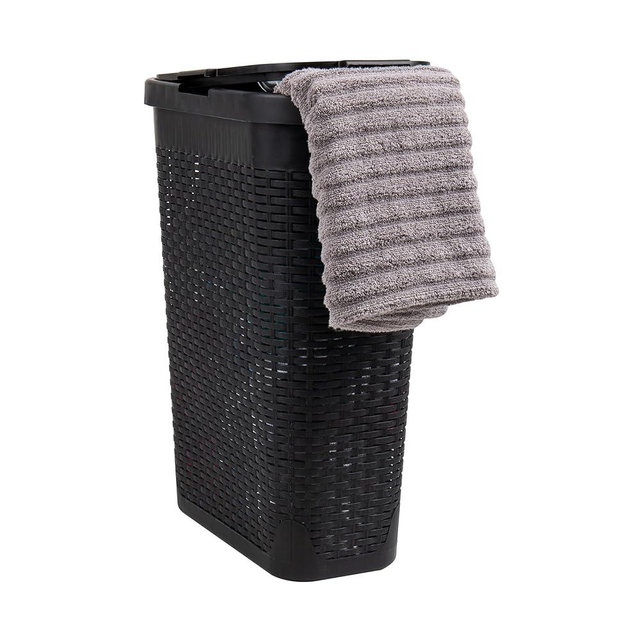 Mind Reader Basket Collection, Slim Laundry Hamper, 40 Liter (15kg/33lbs) Capacity, Cut Out Handles, Attached Hinged Lid, Ventilated, 10.4"L x 18"W x 23.5"H, Black