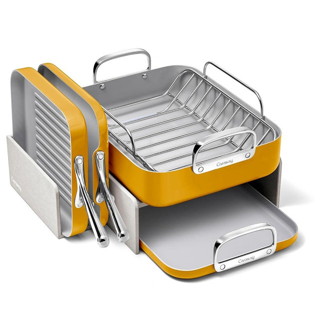 Caraway Square Cookware Set - Square Pans Set - Perfect for Griddling, Toasting, Searing, Roasting, and More - Non-Stick Ceramic Coated Pans - Non Toxic, PTFE & PFOA Free - Marigold