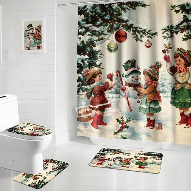 APROPHIC Christmas Vintage Shower Curtain Sets for Bathroom Decor, Retro Girl Non Slip Absorbent Rug, U Shaped Bath Mat, Toilet Lid Cover, Winter Rustic Holiday Snowman Bathroom Accessories with Hook