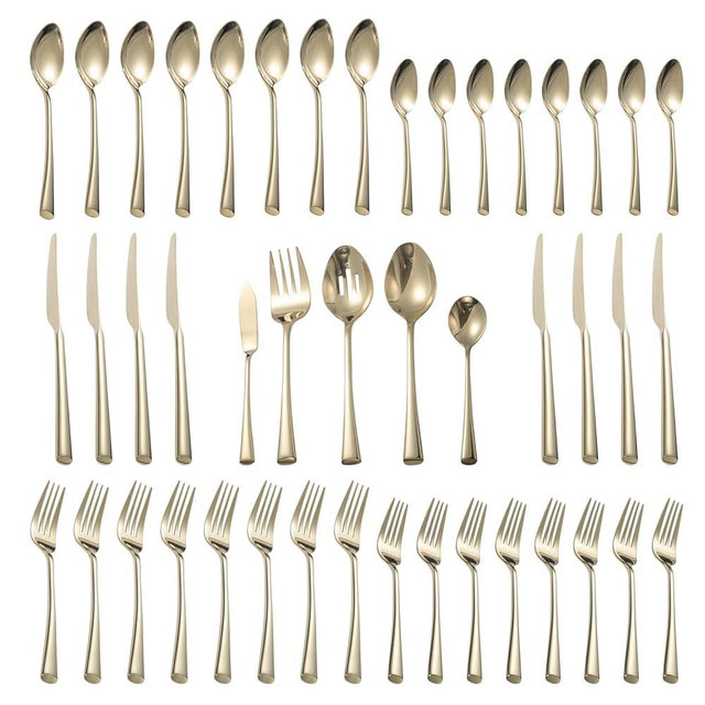 Alata Bailey Champagne Gold 45-Piece Forged Stainless Steel Flatware Set Cutlery Set With Utensil-Serving Set, Service for 8, Silver Finish, Dishwasher Safe