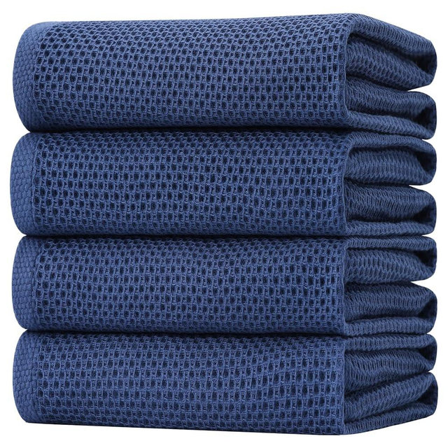 Homaxy 100% Cotton Oversized Waffle Weave Kitchen Dish Towels, Ultra Soft Absorbent Quick Drying Cleaning Towel, 20 x 28 Inches, 4-Pack, Navy Blue