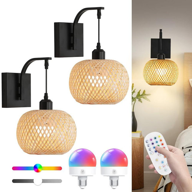 INHXSZU Rattan Battery Operated Wall Sconces Set of 2 with Remote,Woven Boho Wireless Wall Sconce,Rechargeable Wall Lamp,15 RGB Color Changing Dimmable Wall Light for Bedroom,Living Room,Hallway