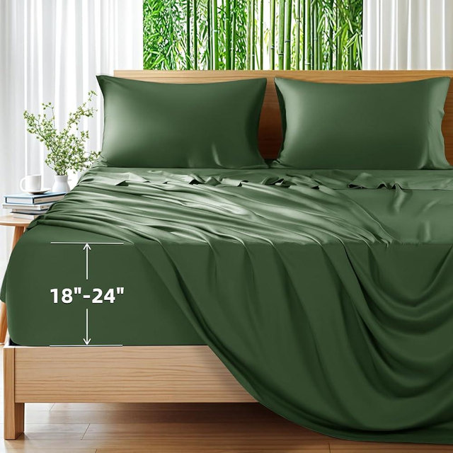 Shilucheng 100% Viscose Derived from Bamboo_Sheets, Extra Deep Pocket Sheets Fits 18"-24" Thick Mattress, Cooling & Breathable Bed Sheets 4Pcs, Hotel Silky Bedding Set (Queen,Olive)