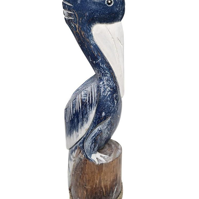 WorldBazzar PELICAN STATUE TALL Post BLUE WHITE WASH Hand Carved Nautical Wood Pelican Statue Carving Sculpture Art 19.5, color3post