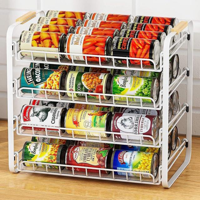 MAXIFFE 4 Tier Can Organizer for Pantry, Space-Saving Adjustable Easy Assembly Metal Sturdy Hold 48 Cans Storage Rack Holder Dispenser for Kitchen Countertop Cabinet RV, for Soda Drinks Fruits, White