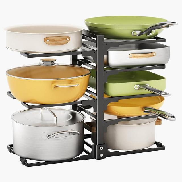 Pots and Pans Organizer Under Cabinet, 8 Tier Adjustable Pan Organizers inside Cabinet for Kitchen Organizers and Storage, Heavy Duty Pot Organizer Rack for Heavy Skillets, Cast-iron Pans, Dutch Oven
