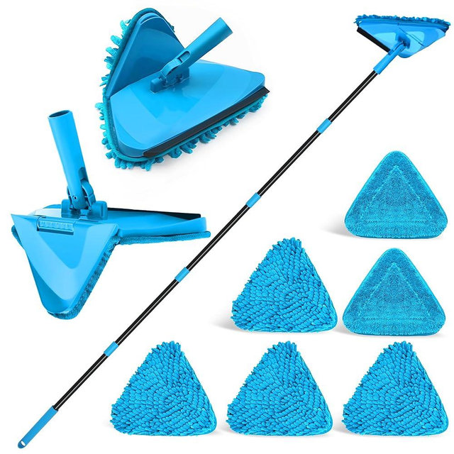 NEWE Wall Mop Cleaner with 80 Inches Long Handle, 180° Folding Ceiling Cleaning Tool with Squeegee (Blue)