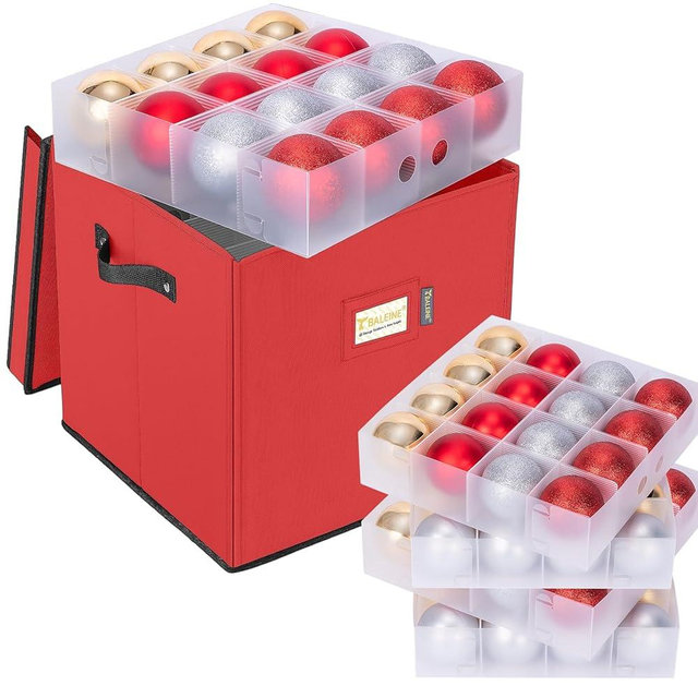 BALEINE Christmas Ornament Storage Box with Dividers, Premium Holiday Ornaments Storage Container Bin for Xmas Decorations (64 Ball, Red, Hard)