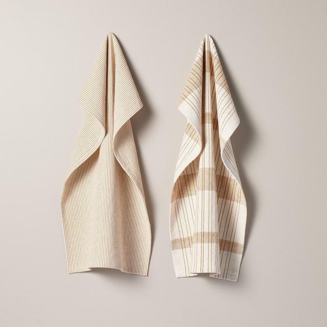 2ct Plaid & Stripe Kitchen Towels Tan/Natural - Hearth & Hand™ with Magnolia