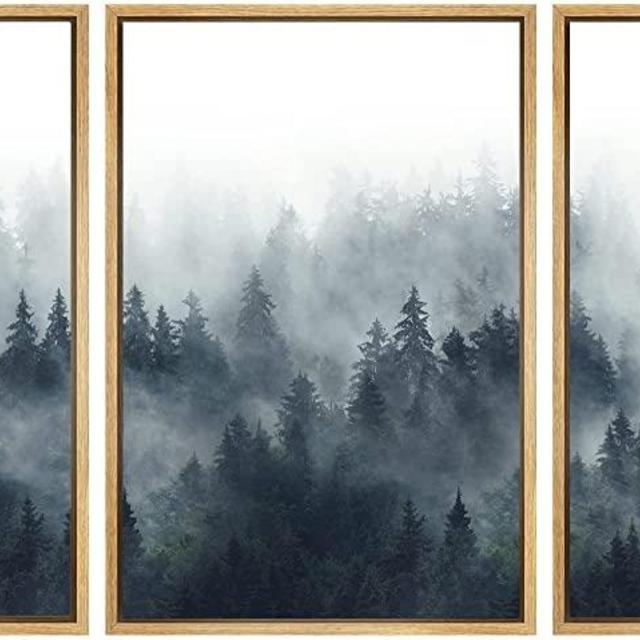 SIGNWIN Framed Canvas Print Wall Art Woodland Nursery Decor Set Misty Mountain Range Pine Tree Forest Nature Realism Decorative Rustic Chic for Living Room, Bedroom, Office - 16"x24"x3 Natural
