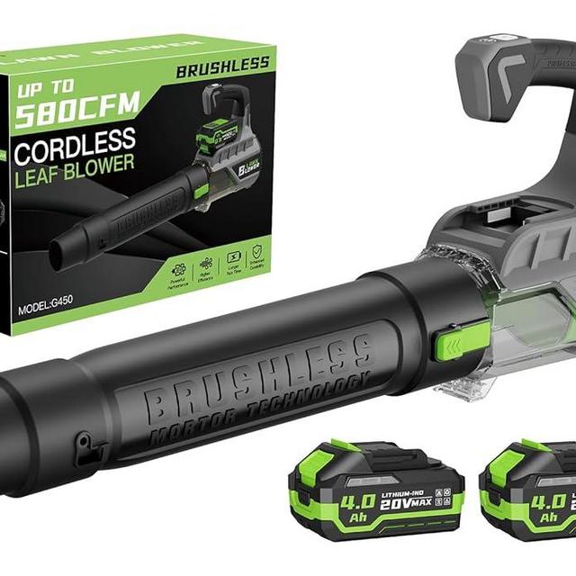 Leaf Blower 580CFM/160MPH Brushless Electric Leaf Blower Cordless with 20V 2X4.0Ah Batteries and Charger, Powerful Battery Powered Leaf Blowers for Lawn Care, Yard, Blowing Leaves, Dust, Snow, etc.