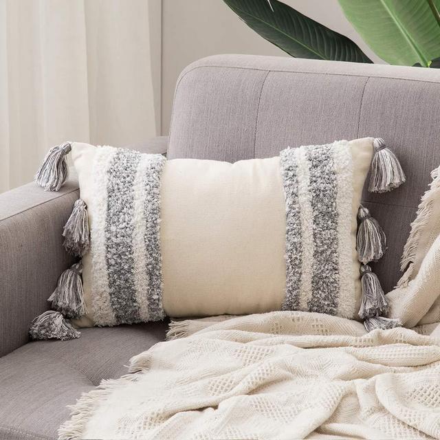 MIULEE Decorative Throw Pillow Cover Tribal Boho Woven Tufted Pillowcase with Tassels Super Soft Pillow Sham Pillowcase Cushion Case for Sofa Couch Bedroom Car Living Room 12X20 Inch Grey