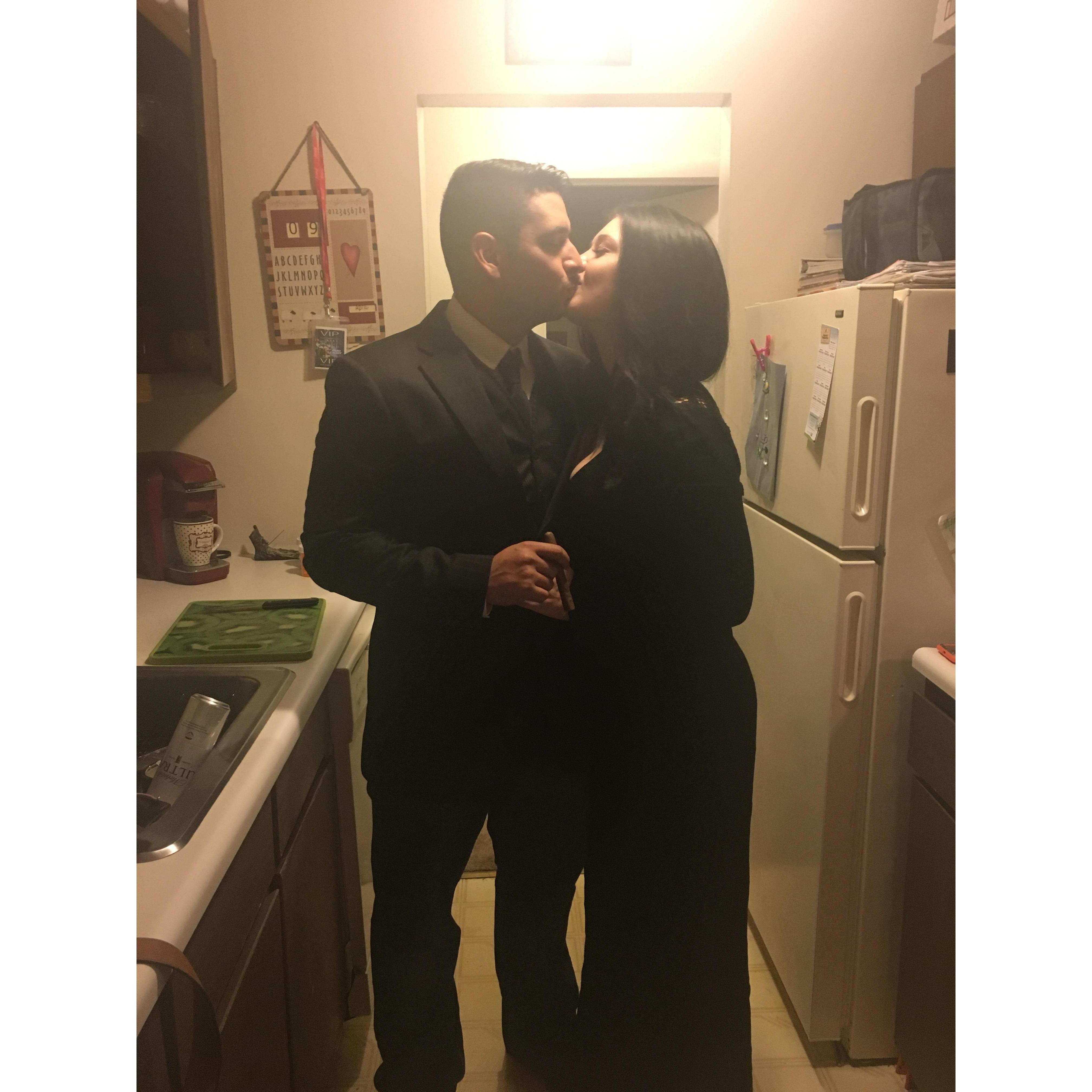 Our first Halloween together officially, as Morticia and Gomez.