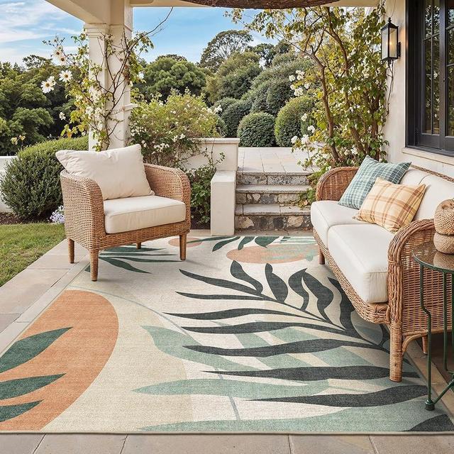GENIMO Outdoor & Indoor Area Rug 5'x8', Waterproof, Non-Shedding, Easy Cleaning, Leaf Mat for Patio, Living Room, Balcony, Dining Room, RV, Deck, Bedroom, Camping, Outside Carpet, Beige Grey
