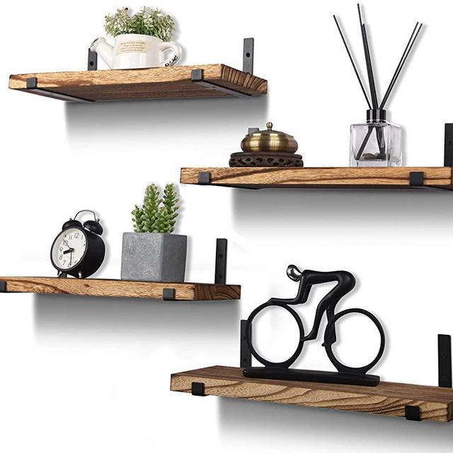 Rustic Wood Floating Shelves Wall Mounted Farmhouse Wooden Wall Shelf for Bathroom Kitchen Bedroom Living Room Set of 4 Light Brown