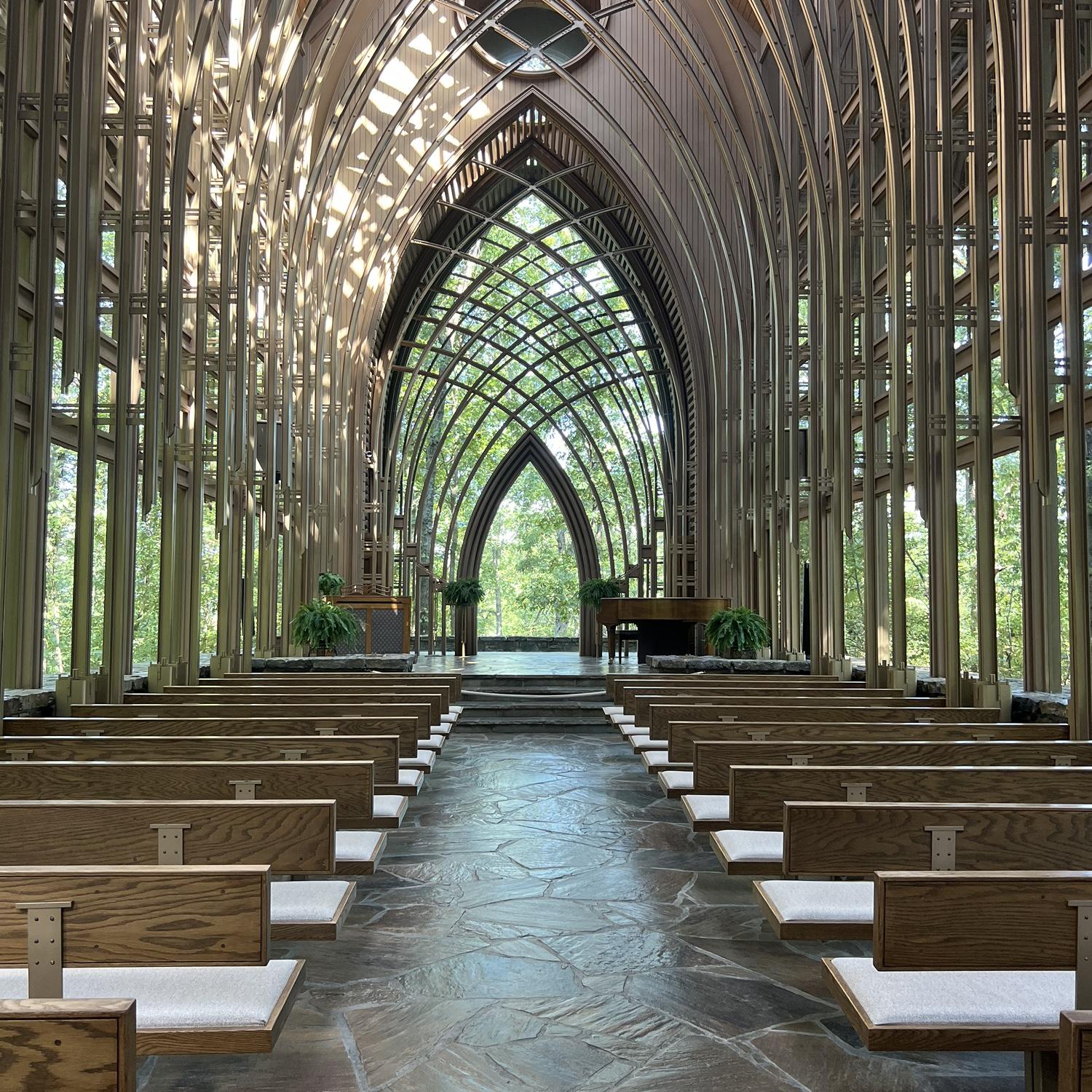 As the natural light enters the Chapel, it dances in leaf shaped patterns across a stone floor comprised of native limestone and flagstone, just as intended by architect E. Fay Jones.