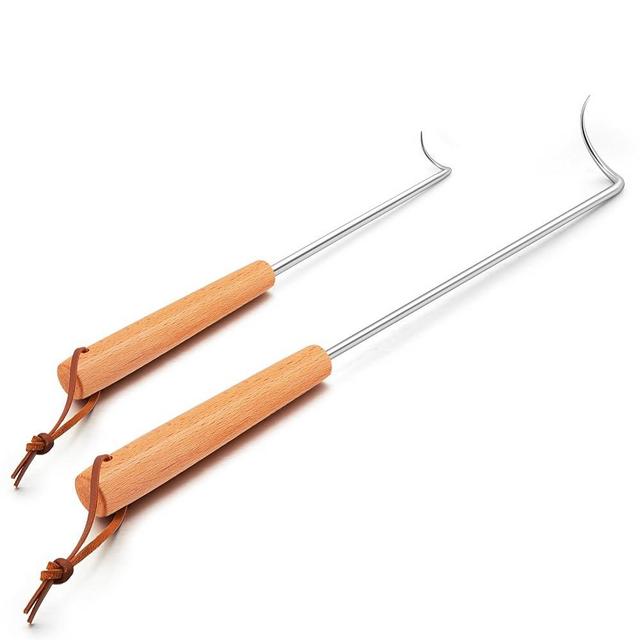 Pigtail Food Flipper 2Pcs, HaSteeL 12 & 17 Inch Meat Turner Hook, Stainless Steel Pig Tail Flipper Hook With Wooden Handle, Grill Accessories for BBQ Grilling Griddle Kitchen Cooking - Right Handed