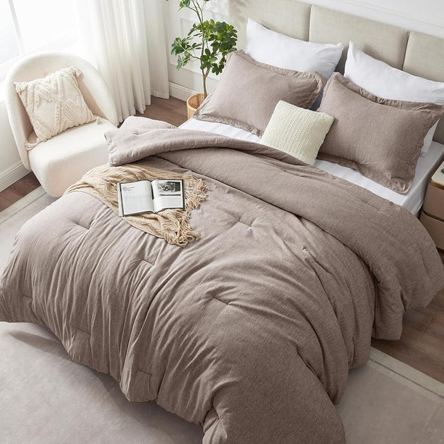 CozyLux Queen Comforter Set - 3 Pieces Khaki Soft Luxury Cationic Dyeing Queen Size Comforter for All Season, Breathable Lightweight Fluffy Bedding Sets with 1 Comforter and 2 Pillow Shams