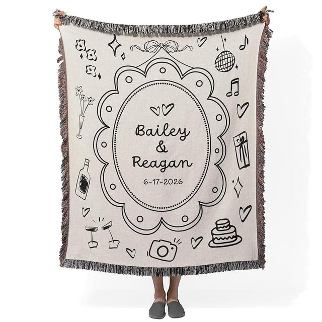 Studio Sam Personalized Wedding Blanket with Names, Woven Cotton Custom Tapestry Hand Drawn Doodle Throw for Couples, Anniversary Engagement Gift (50" x 60" Medium)