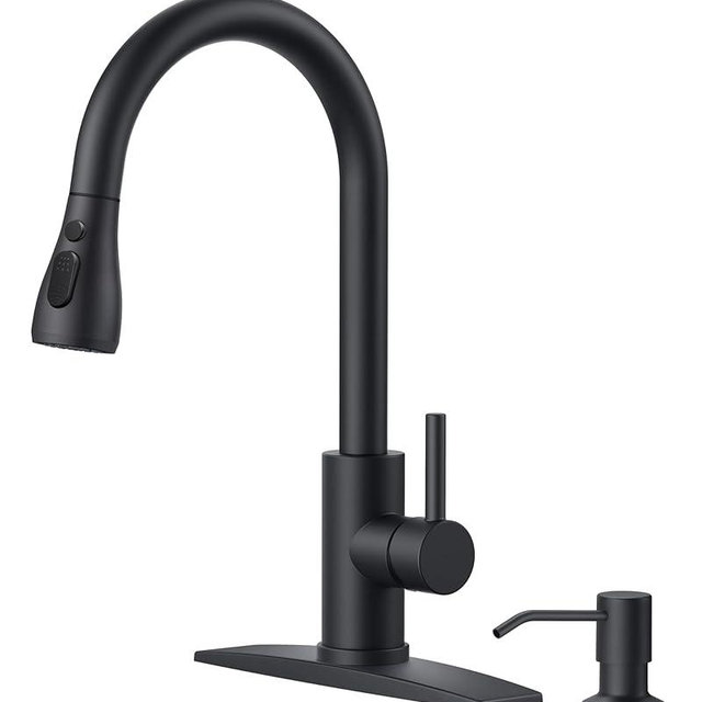 FORIOUS Black Kitchen Faucet with Soap Dispenser, Single Handle Stainless Steel Transitional Sink Faucet with Pull Down Sprayer 1 or 3 Hole, Suitable for Farmhouse Laundry Camper RV Bar