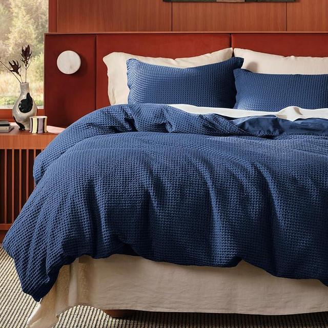 Bedsure Cotton Duvet Cover Set - 100% Cotton Waffle Weave Navy Duvet Cover California King, PureWoven Breathable Cal King Bedding Set for All Season, 3 Pieces, 104"x98"