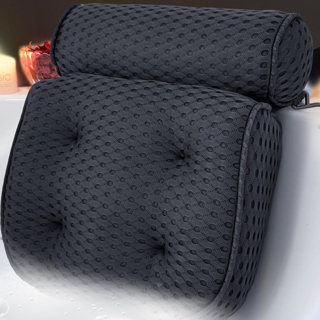 AEROiVi Luxury Bath Pillows for Tub，Bath Pillow Bathtub Pillows for Head and Neck Support Bath Cushion Made from Soft Spacer Mesh Material with Suction Cups,Black