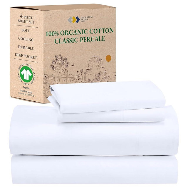 California Design Den California King Sheets Set - Soft 100% Organic Cotton Sheets with Deep Pockets, Crisp Percale, Breathable and Durable Bedding Set - White