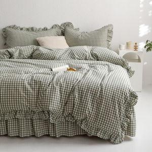 mixinni Green Gingham Ruffle Duvet Cover Queen Size 3 Pieces – 100% Washed Cotton, Vintage Plaid Ruffled Bedding Set with Zipper Ties, Soft Checkered Grid Farmhouse Chic Comforter Cover Set