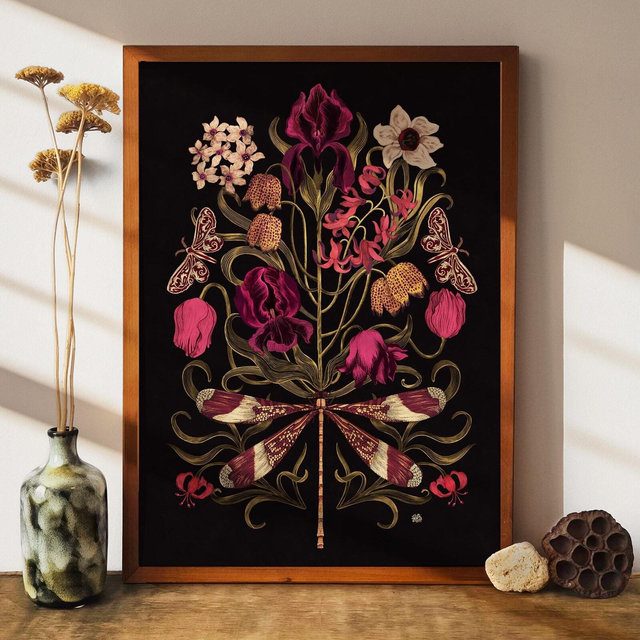 Dragonfly flowers Art Print, Botanical wall decor, Dragonfly print, Dragonfly wall decor, Flowers wall art, flowers decoration, flowers art
